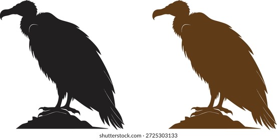 Aasgeier, der auf einer Felsvektorgrafik in schwarz-braunen Farbvariationen steht. Mächtige Vogel Silhouette, wilde Fänger Vogel Kunstwerk, saubere Tierwelt Design einzeln auf weißem Hintergrund.