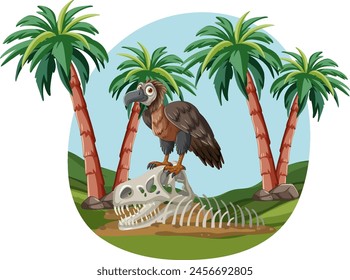 Vulture stands on skeleton among tropical palms.