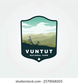 Vuntut National Park branding with scenic landscape and maple leaf; ideal for promotional materials, travel brochures, Canadianthemed designs.