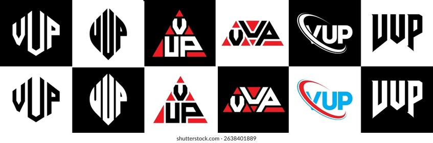 VUP letter logo design in six style. VUP polygon, circle, triangle, hexagon, flat and simple style with black and white color variation letter logo set in one artboard. VUP minimalist and classic logo