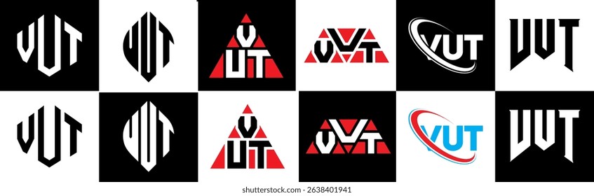 VUT letter logo design in six style. VUT polygon, circle, triangle, hexagon, flat and simple style with black and white color variation letter logo set in one artboard. VUT minimalist and classic logo