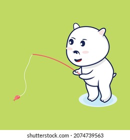 Vute snow bear sitting, vector illustration of snow bear fishing for fish