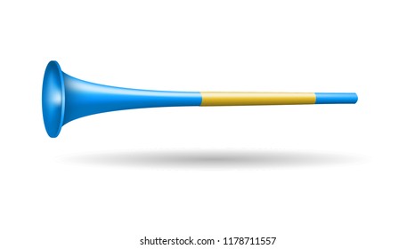 Vuvuzela, Blue Yellow, Isolated on White Background, Photo Realistic, Sport Fan Trumpet, Hand Drawn Realistic Vector 3D Illustration