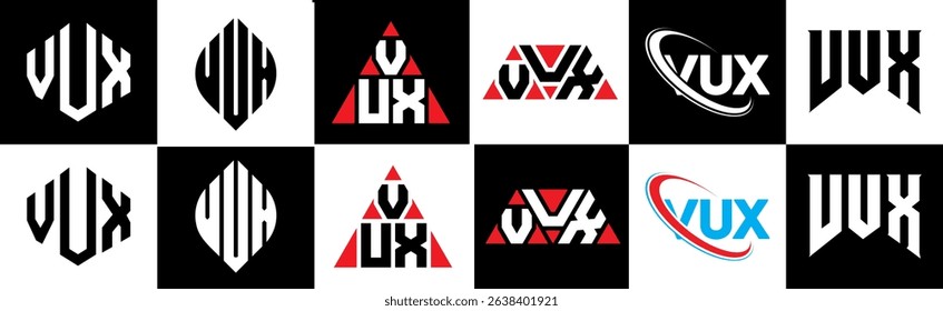 VUX letter logo design in six style. VUX polygon, circle, triangle, hexagon, flat and simple style with black and white color variation letter logo set in one artboard. VUX minimalist and classic logo