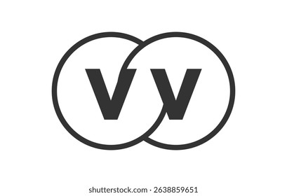 VV business company emblem with outline rounds and letters v v. Logo template of two merged circles for brand identity, logotype. Vector Infinity symbol  and technology sign.