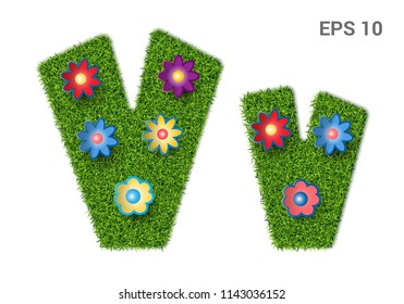 Vv - capital and capital letters of the alphabet with a texture of grass. Moorish lawn with flowers. Isolated on white background. Vector illustration