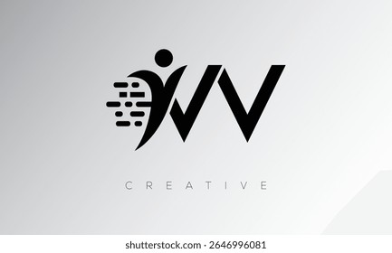 VV Creative Digital Monogram Logo – Futuristic Letter mark Design Featuring Human Shape, Pixel Motion and Minimal Tech Style for Innovative Branding Identity