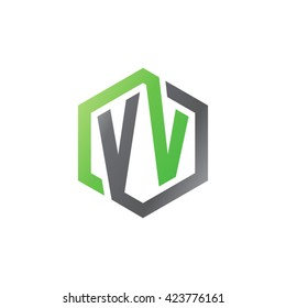 VV initial letters looping linked hexagon logo black gray green