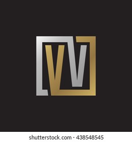 VV initial letters looping linked square elegant logo golden silver black background