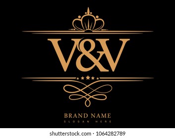 V&V Initial logo, Ampersand initial logo gold with crown and classic pattern