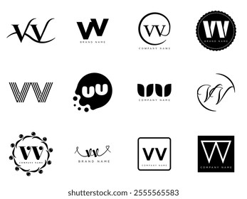 VV logo company template. Letter v and v logotype. Set different classic serif lettering and modern bold text with design elements. Initial font typography. Collection trendy business identity.