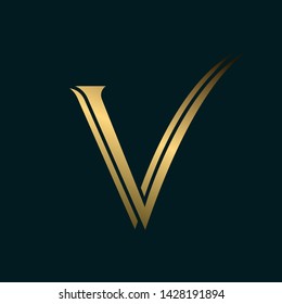 VV monogram.Typographic logo with double letter v overlapped.Lettering icon.Uppercase alphabet initials in shiny golden color isolated on dark green background.Elegant, beauty, luxury style.