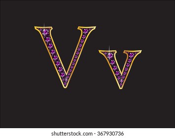Vv in stunning amethyst precious round jewels set into a 2-level gold gradient channel setting, isolated on black.