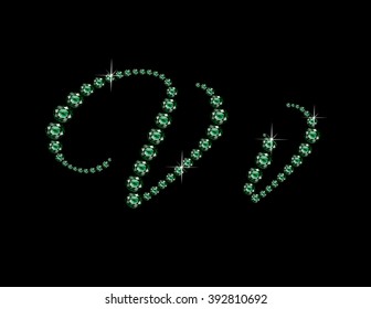 Vv in stunning Emerald Script precious round jewels, isolated on black. Vector EPS-10 file, transparency used. 
