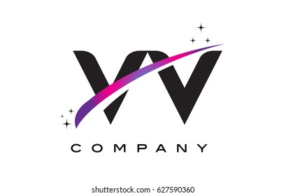 VV V Black Letter Logo Design with Purple Magenta Swoosh and Stars.