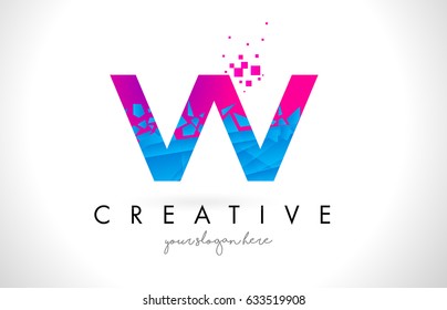 VV V Letter Logo with Broken Shattered Blue Pink Triangles Texture Design Vector Illustration.