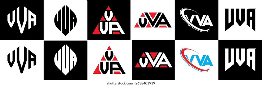 VVA letter logo design in six style. VVA polygon, circle, triangle, hexagon, flat and simple style with black and white color variation letter logo set in one artboard. VVA minimalist and classic logo