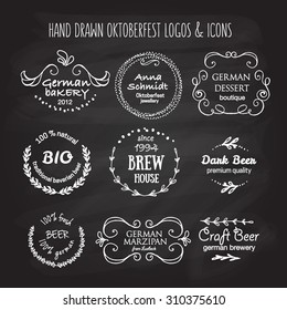 VVector collection of Oktoberfest hand drawn logo templates. German brew house, beer, dessert, jewelry, bakery logotypes. Vintage badges and icons. Hand sketched modern icons. Beer festival labels.