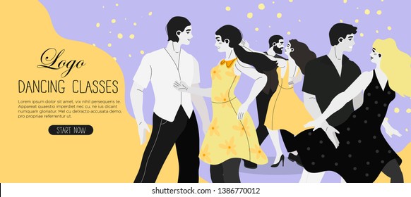 VVector illustration of a dancing studio rehearsal. Young men and women attending dancing classes. Creative banner, flyer or landing page for a dance studio or ballroom dance classes.