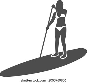 Imagen vectorial de una chica remando con un remo, parada en una tabla. Verano tipo de recreación en el agua. Diseño plano de un icono vector para aplicaciones, un logotipo aislado en un fondo blanco.