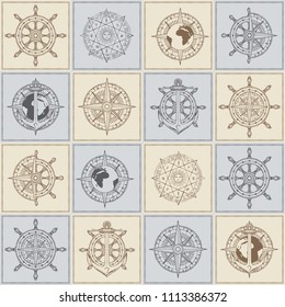 VVector seamless background on the theme of nautical travel, adventure and discovery. Wind roses, ship anchors, compasses, helms and other nautical symbols on the checkered background in vintage style
