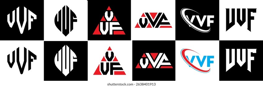 VVF letter logo design in six style. VVF polygon, circle, triangle, hexagon, flat and simple style with black and white color variation letter logo set in one artboard. VVF minimalist and classic logo