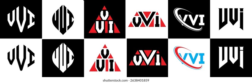 VVI letter logo design in six style. VVI polygon, circle, triangle, hexagon, flat and simple style with black and white color variation letter logo set in one artboard. VVI minimalist and classic logo