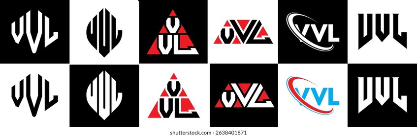 VVL letter logo design in six style. VVL polygon, circle, triangle, hexagon, flat and simple style with black and white color variation letter logo set in one artboard. VVL minimalist and classic logo