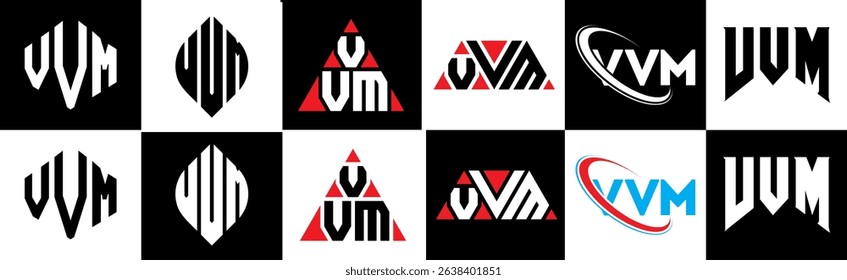 VVM letter logo design in six style. VVM polygon, circle, triangle, hexagon, flat and simple style with black and white color variation letter logo set in one artboard. VVM minimalist and classic logo