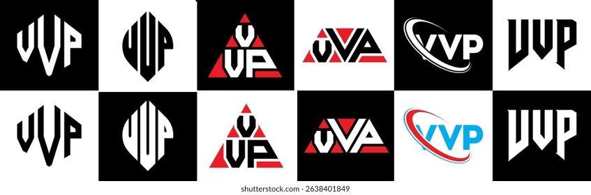 VVP letter logo design in six style. VVP polygon, circle, triangle, hexagon, flat and simple style with black and white color variation letter logo set in one artboard. VVP minimalist and classic logo
