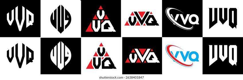 VVQ letter logo design in six style. VVQ polygon, circle, triangle, hexagon, flat and simple style with black and white color variation letter logo set in one artboard. VVQ minimalist and classic logo