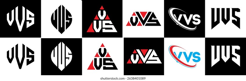 VVS letter logo design in six style. VVS polygon, circle, triangle, hexagon, flat and simple style with black and white color variation letter logo set in one artboard. VVS minimalist and classic logo