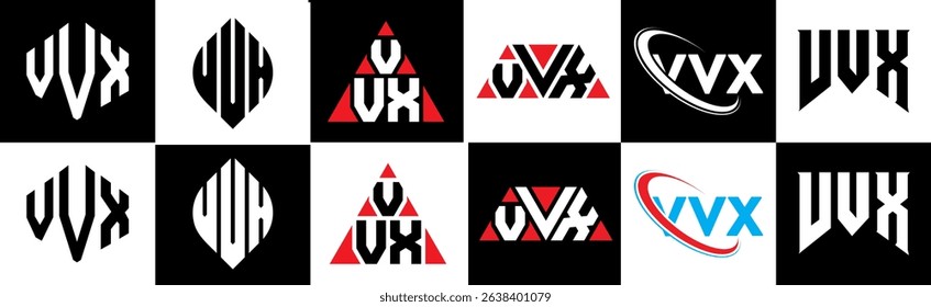VVX letter logo design in six style. VVX polygon, circle, triangle, hexagon, flat and simple style with black and white color variation letter logo set in one artboard. VVX minimalist and classic logo