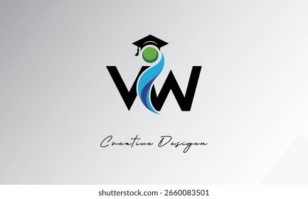 VW Creative Letter Logo with Graduation Cap and Abstract Human – Modern Education and Learning Symbol Design