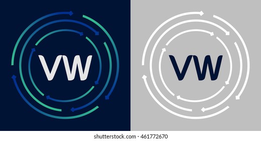 VW design template elements in abstract background logo, design identity in circle, letters business logo icon, blue/green alphabet letters, simplicity graphics