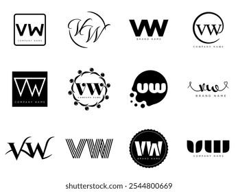 VW logo company template. Letter v and w logotype. Set different classic serif lettering and modern bold text with design elements. Initial font typography. Collection trendy business identity.