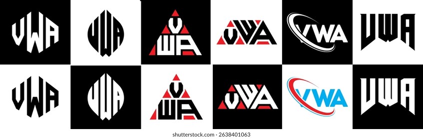 VWA letter logo design in six style. VWA polygon, circle, triangle, hexagon, flat and simple style with black and white color variation letter logo set in one artboard. VWA minimalist and classic logo