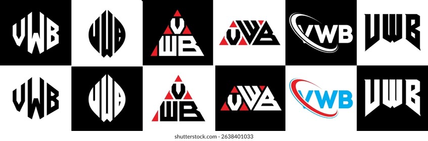 VWB letter logo design in six style. VWB polygon, circle, triangle, hexagon, flat and simple style with black and white color variation letter logo set in one artboard. VWB minimalist and classic logo