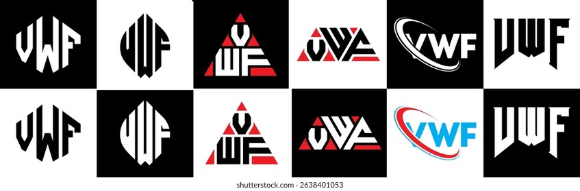 VWF letter logo design in six style. VWF polygon, circle, triangle, hexagon, flat and simple style with black and white color variation letter logo set in one artboard. VWF minimalist and classic logo