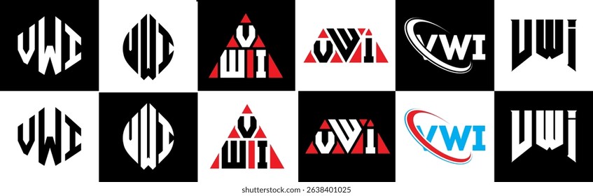 VWI letter logo design in six style. VWI polygon, circle, triangle, hexagon, flat and simple style with black and white color variation letter logo set in one artboard. VWI minimalist and classic logo
