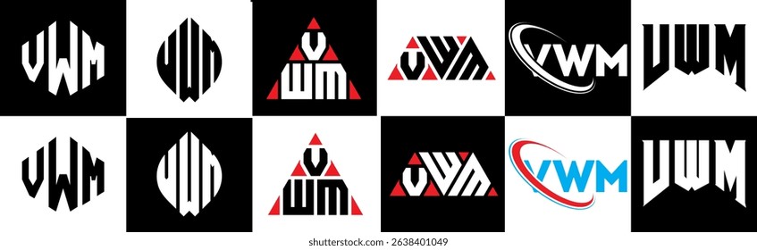 VWM letter logo design in six style. VWM polygon, circle, triangle, hexagon, flat and simple style with black and white color variation letter logo set in one artboard. VWM minimalist and classic logo