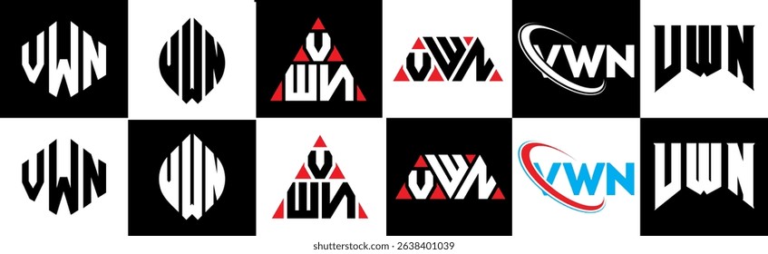 VWN letter logo design in six style. VWN polygon, circle, triangle, hexagon, flat and simple style with black and white color variation letter logo set in one artboard. VWN minimalist and classic logo