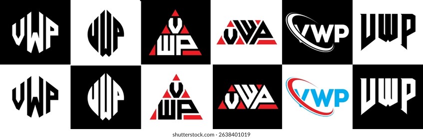 VWP letter logo design in six style. VWP polygon, circle, triangle, hexagon, flat and simple style with black and white color variation letter logo set in one artboard. VWP minimalist and classic logo