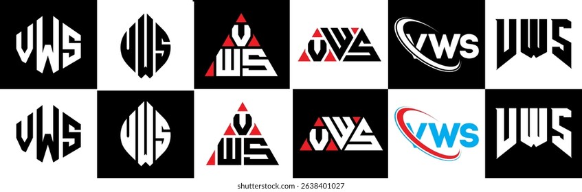 VWS letter logo design in six style. VWS polygon, circle, triangle, hexagon, flat and simple style with black and white color variation letter logo set in one artboard. VWS minimalist and classic logo