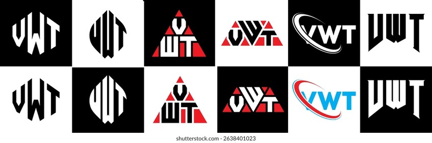 VWT letter logo design in six style. VWT polygon, circle, triangle, hexagon, flat and simple style with black and white color variation letter logo set in one artboard. VWT minimalist and classic logo