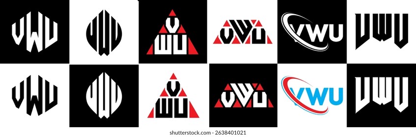 VWU letter logo design in six style. VWU polygon, circle, triangle, hexagon, flat and simple style with black and white color variation letter logo set in one artboard. VWU minimalist and classic logo