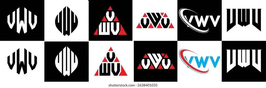 VWV letter logo design in six style. VWV polygon, circle, triangle, hexagon, flat and simple style with black and white color variation letter logo set in one artboard. VWV minimalist and classic logo