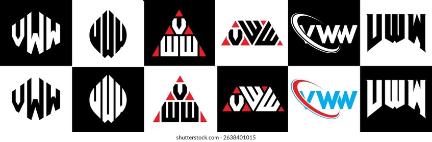 VWW letter logo design in six style. VWW polygon, circle, triangle, hexagon, flat and simple style with black and white color variation letter logo set in one artboard. VWW minimalist and classic logo