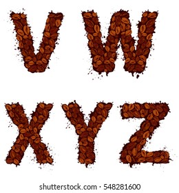 VWXYZ, english alphabet letters, made of coffee beans, in grunge style, isolated on white background 
