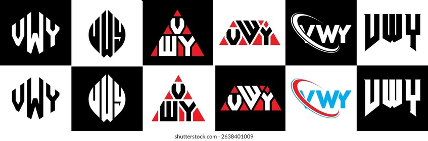 VWY letter logo design in six style. VWY polygon, circle, triangle, hexagon, flat and simple style with black and white color variation letter logo set in one artboard. VWY minimalist and classic logo